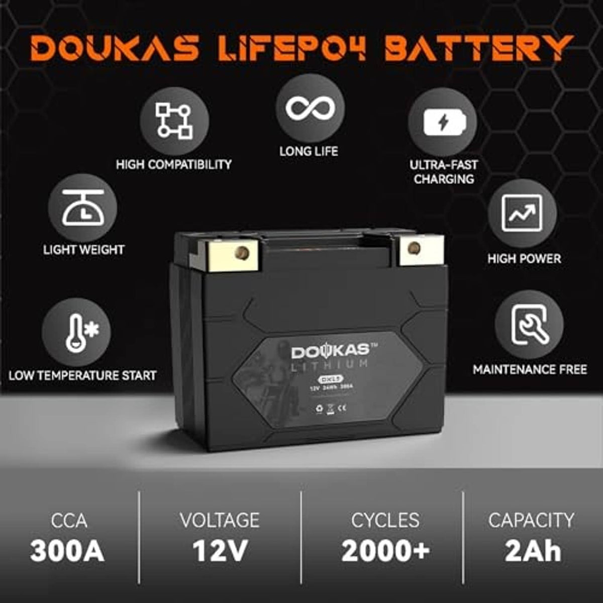 Black LiFePO4 motorcycle battery with 12V and 2Ah ratings, showing gold side terminals