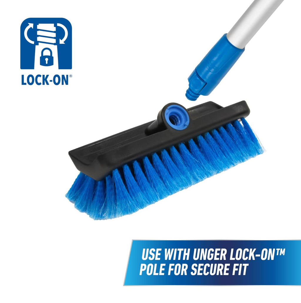 Lock-on soft wash brush head with blue bristles and connector
