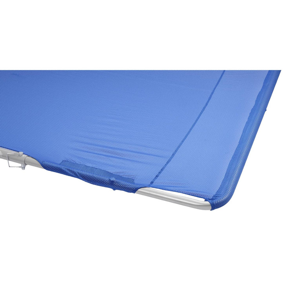 Blue mesh boat sun shade corner with aluminum frame edge and tension straps