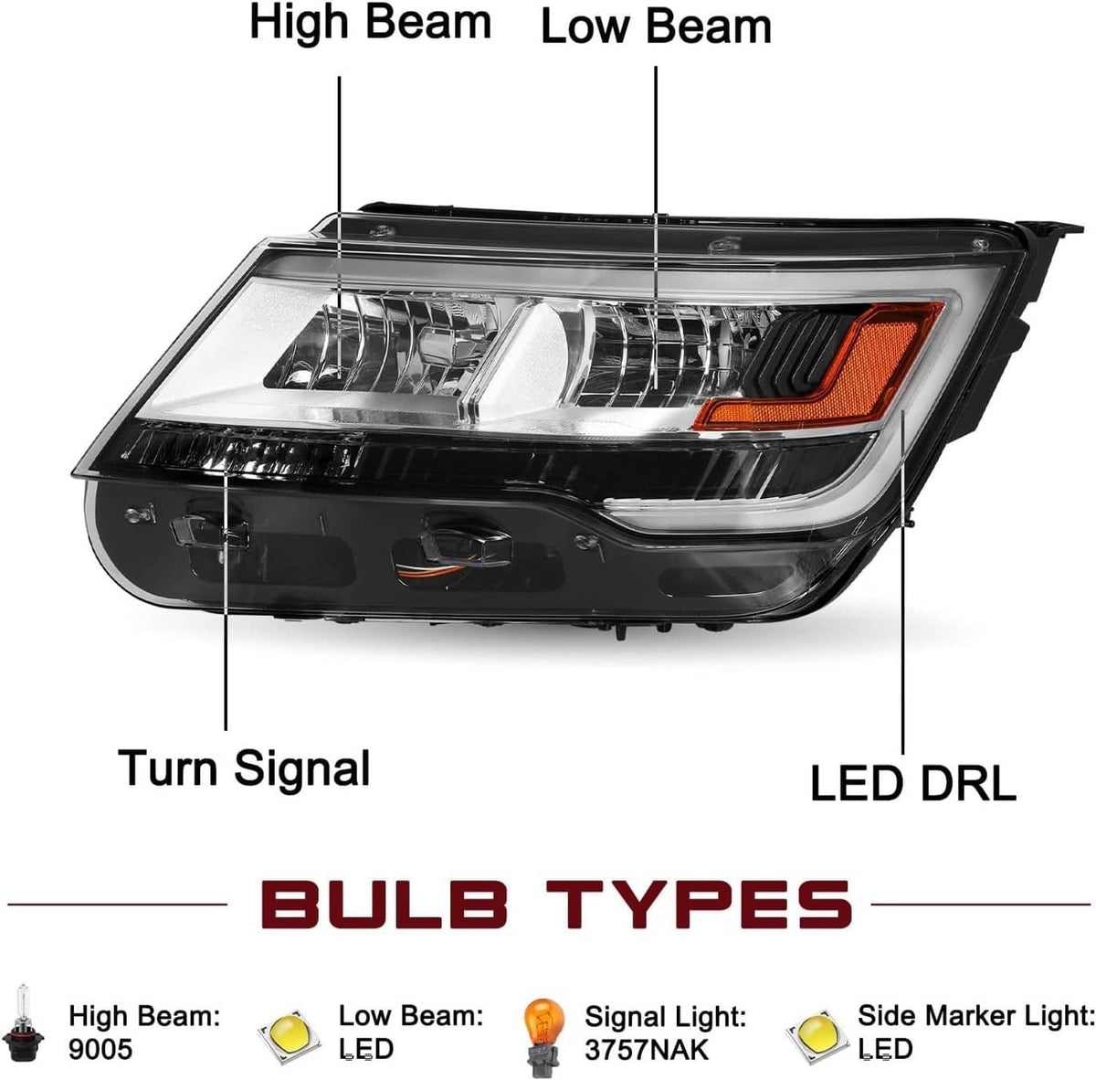 Single headlight with high beam, low beam, turn signal, and LED DRL lenses
