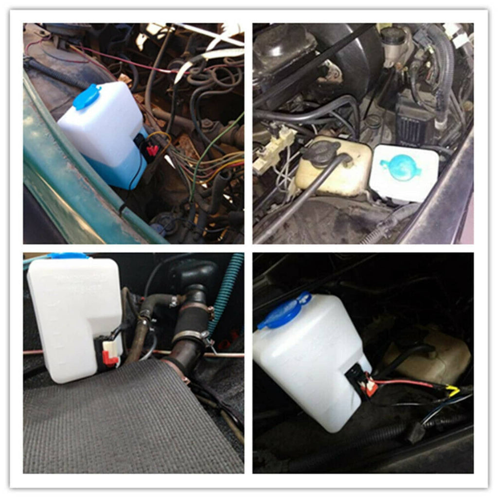 Washer reservoir bottle with blue cap and pump installed in vehicle compartment