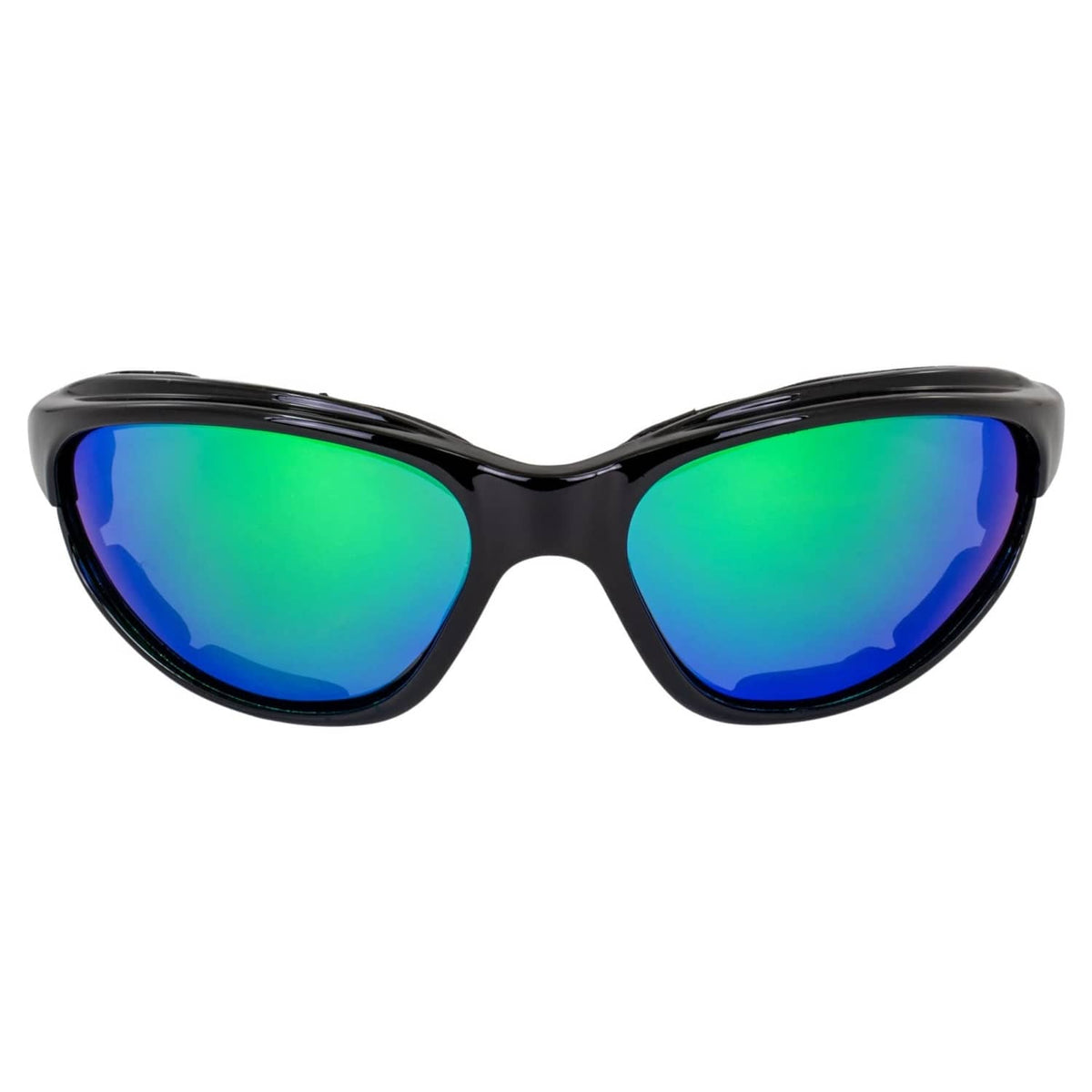 Black wraparound sports sunglasses with green-blue mirror lenses