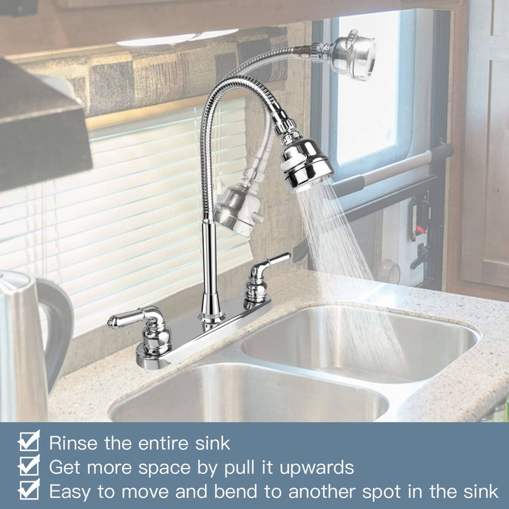 Chrome two-handle RV kitchen sink faucet with arched spout and flexible sprayer hose
