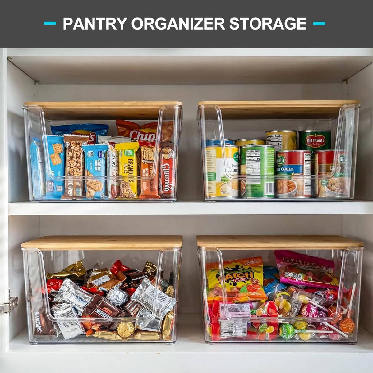 Four clear storage bins with bamboo lids for pantry organization, filled with packaged foods