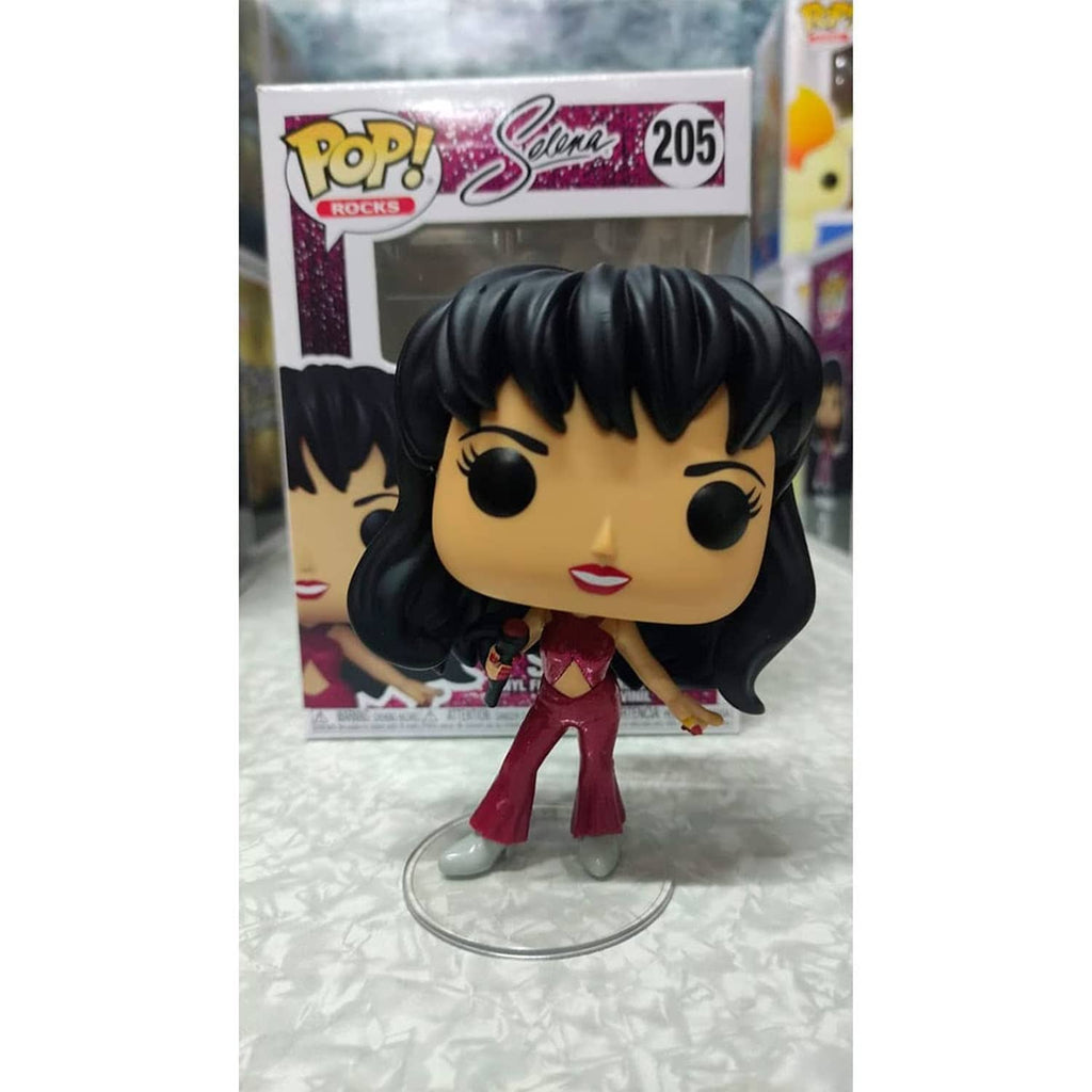 Selena Funko Pop! Rocks figurine in burgundy glitter outfit on clear display stand