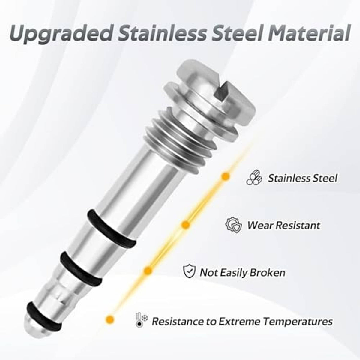 Stainless steel relief valve with threaded neck and two black O-ring seals.