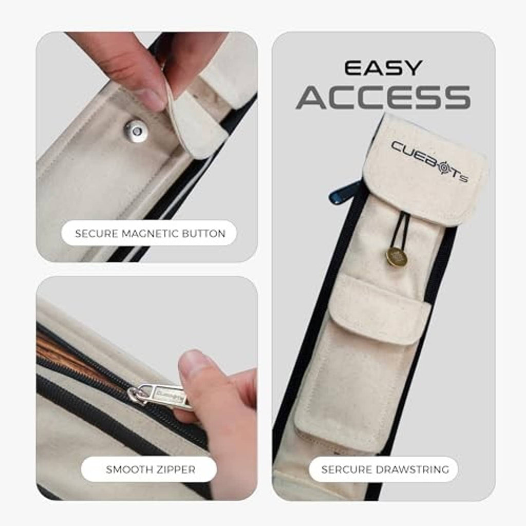 Off-white cue case with secure closure using magnetic button and smooth zipper