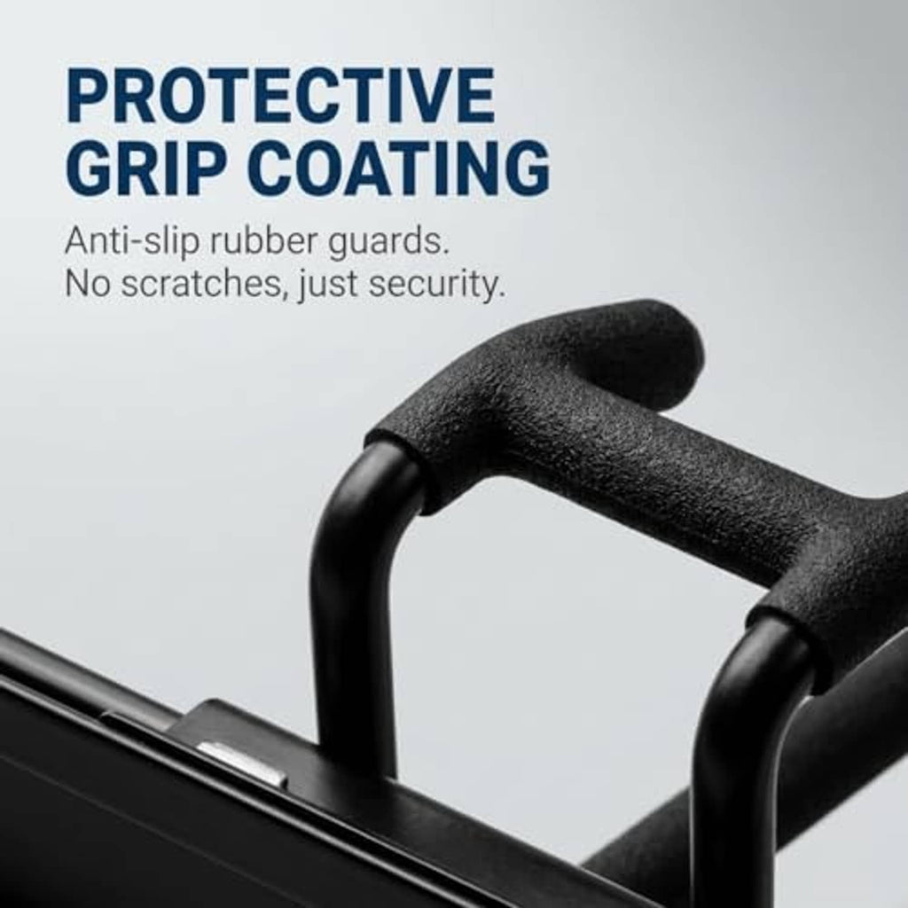 Black rail with textured anti-slip rubber grip on utility hook