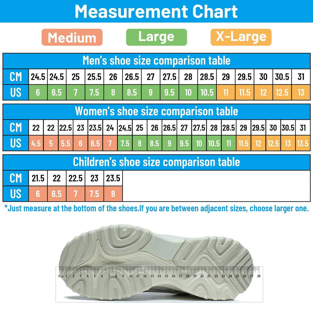 Shoe size comparison chart with men's, women's, and children's tables