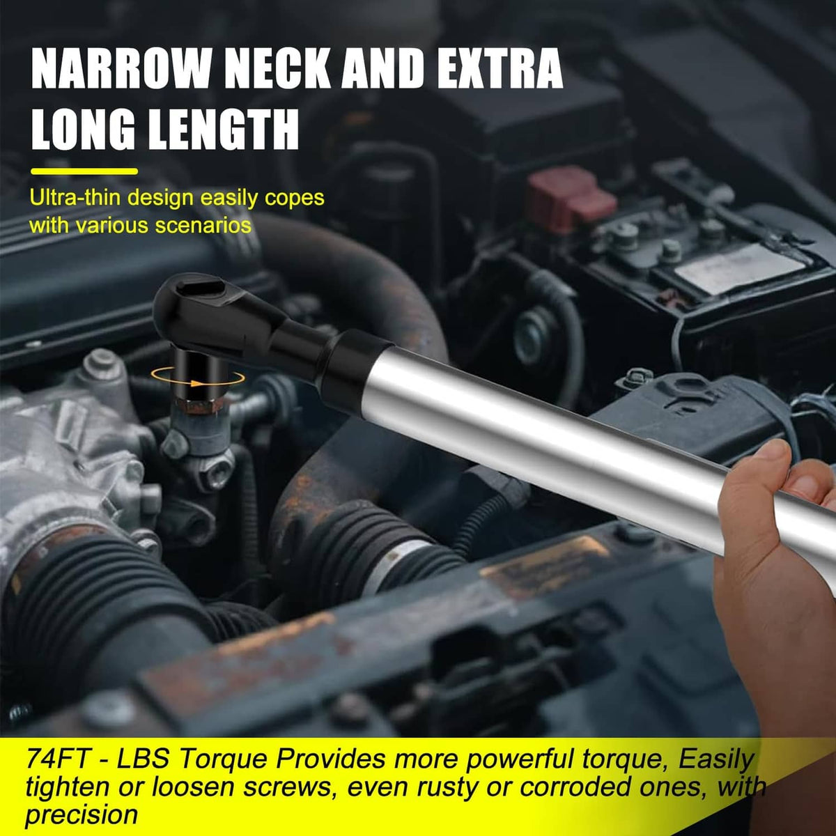 Long silver impact extension wrench with black head for engine bay access