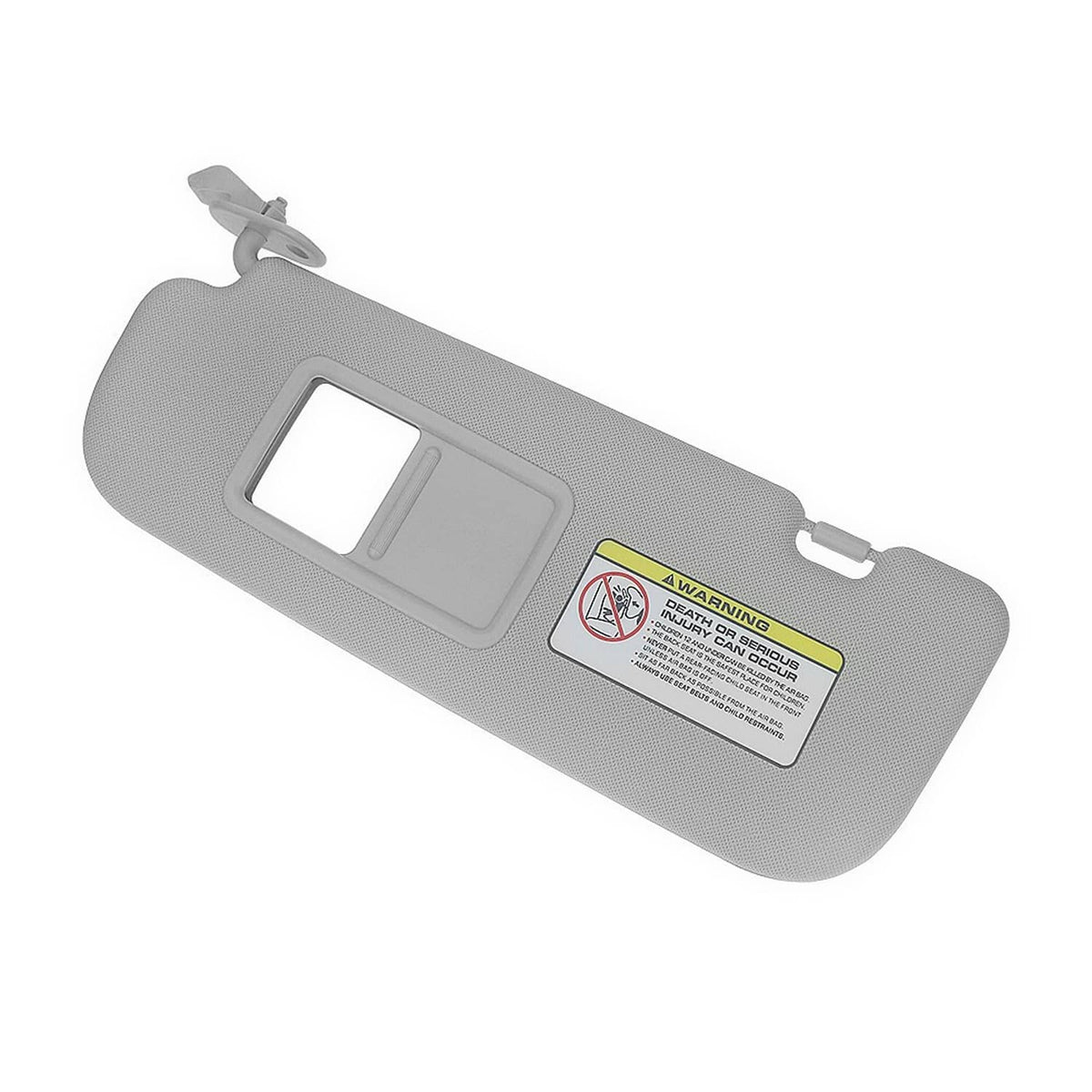 Gray sun visor with rectangular mirror cutout, warning label, and clip mount, standalone