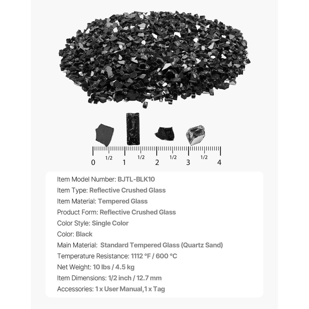 Black crushed glass stone pile with scale markings and small sample pieces