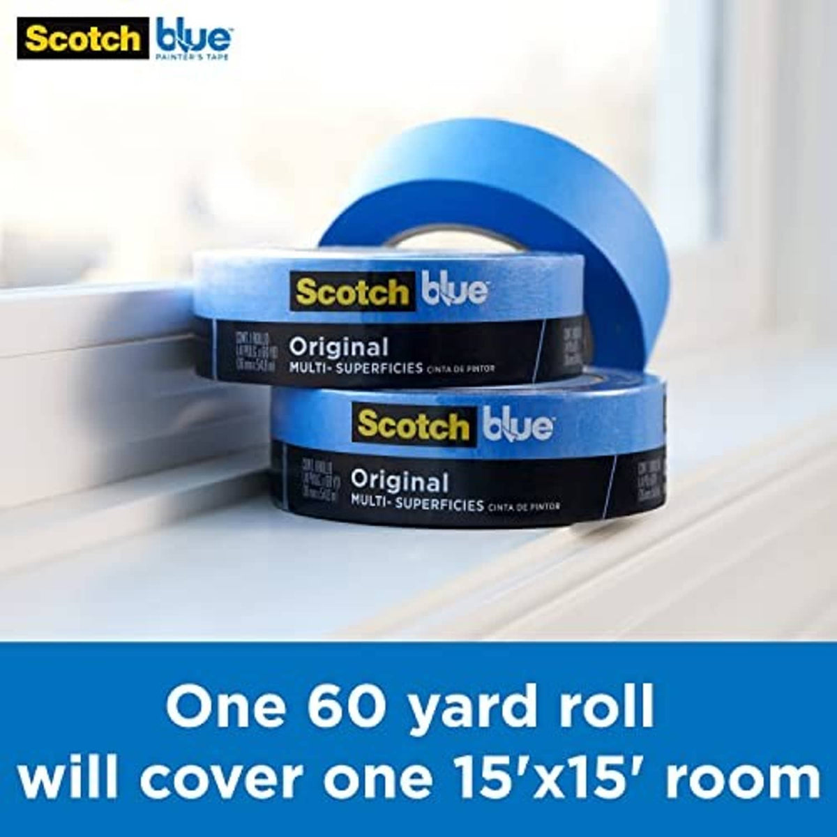 Blue Scotch Blue painter's tape rolls; one 60-yard roll covers a 15x15 room