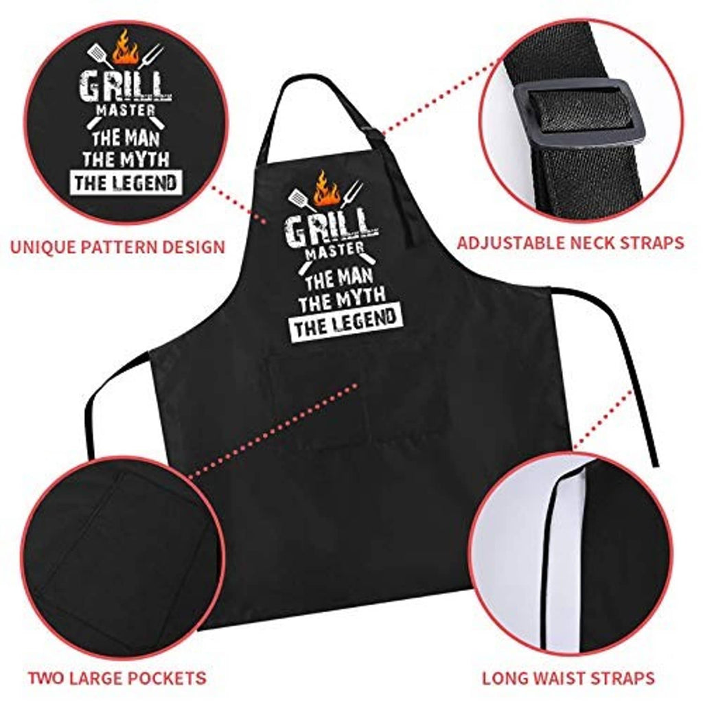 Black apron with adjustable neck straps, long waist ties, and two large pockets