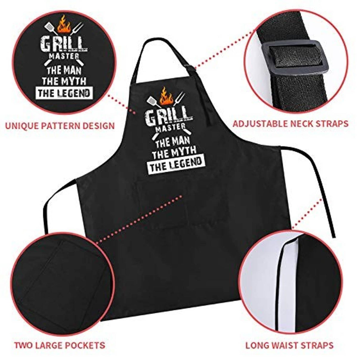 Black apron with adjustable neck straps, long waist ties, and two large pockets