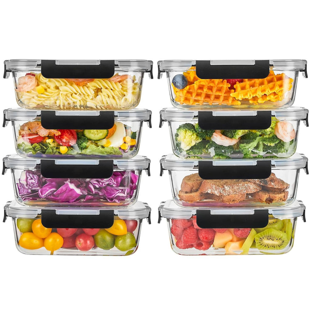 8-pack clear glass food storage containers with black snap-lid latches
