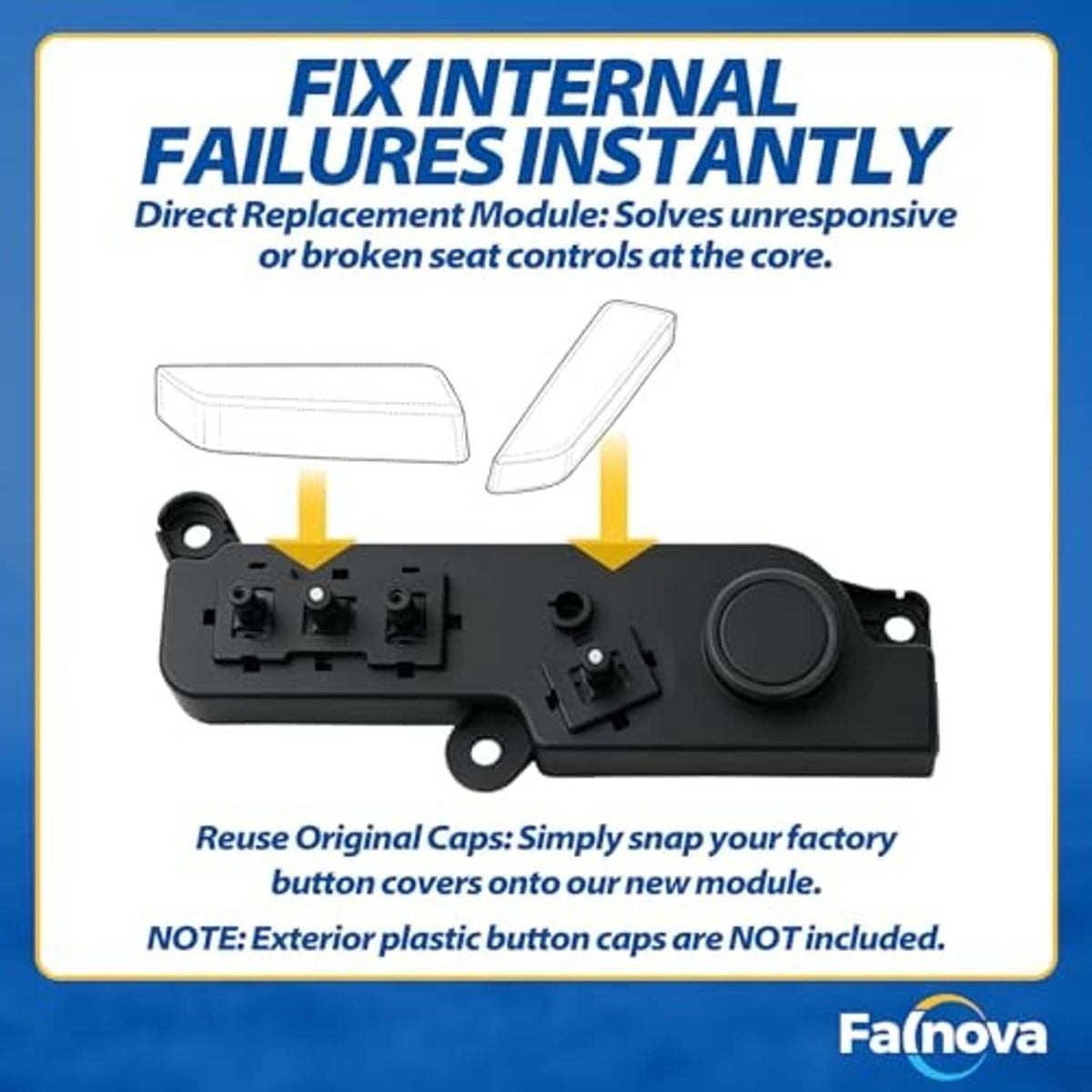 Power seat switch control module with exposed internal terminals and a round control button.