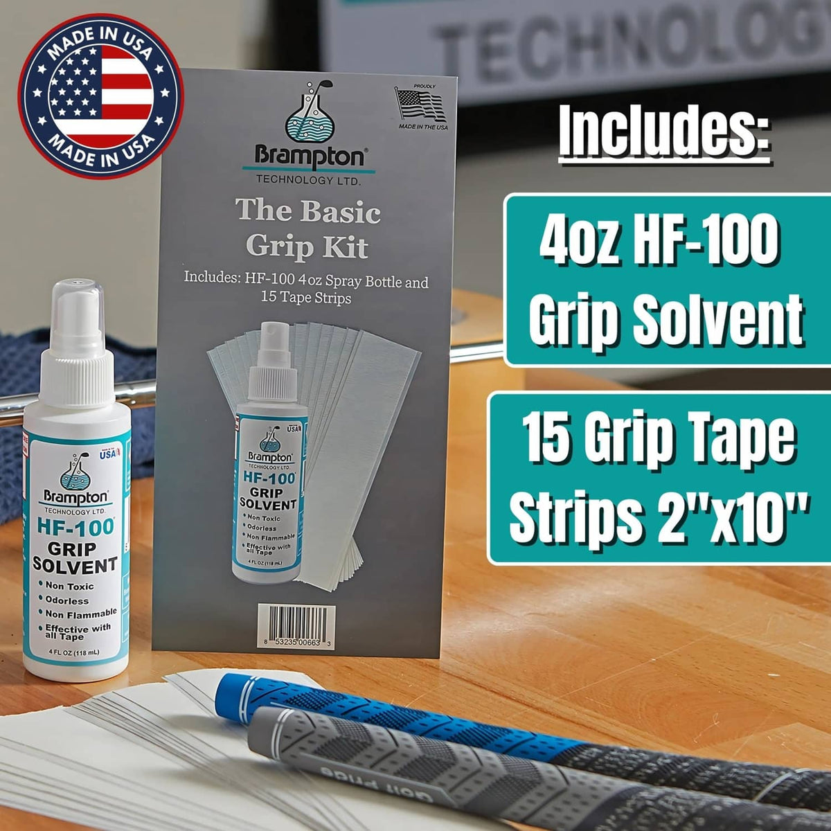 Brampton regripping kit box with HF-100 grip solvent and 15 tape strips, 2"x10"