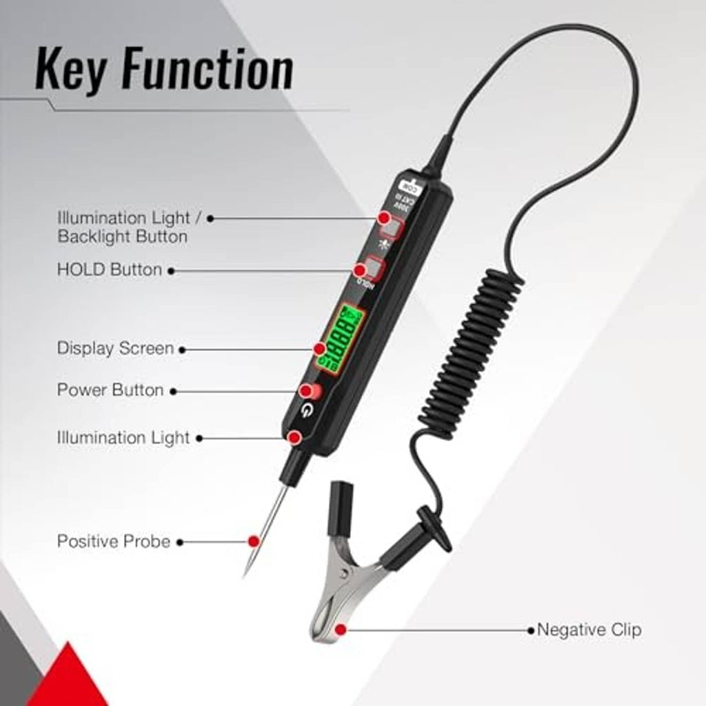 Circuit tester pen with LED backlight display, probe tip, and negative clamp