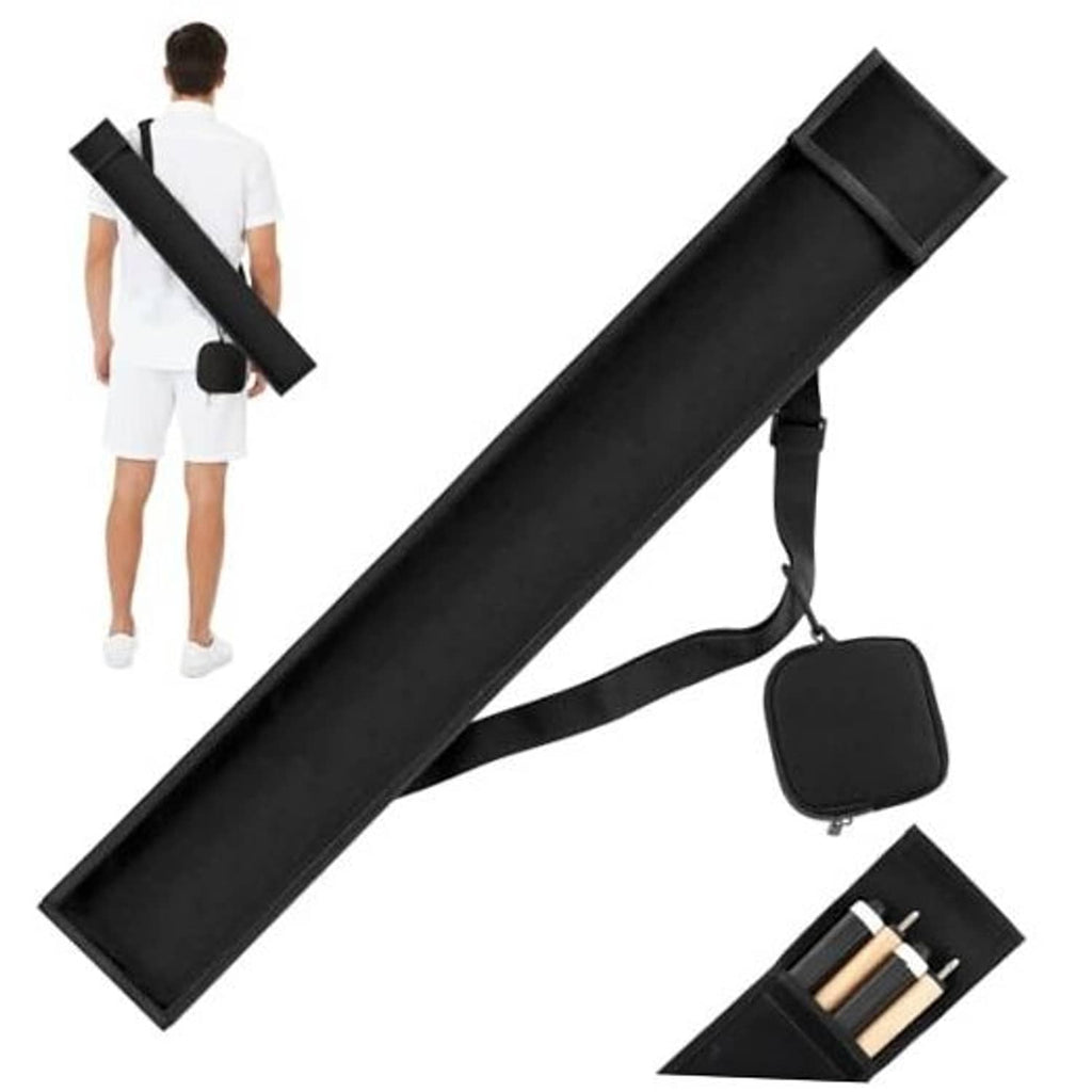 Black padded pool cue case with shoulder strap and small zip accessory pouch