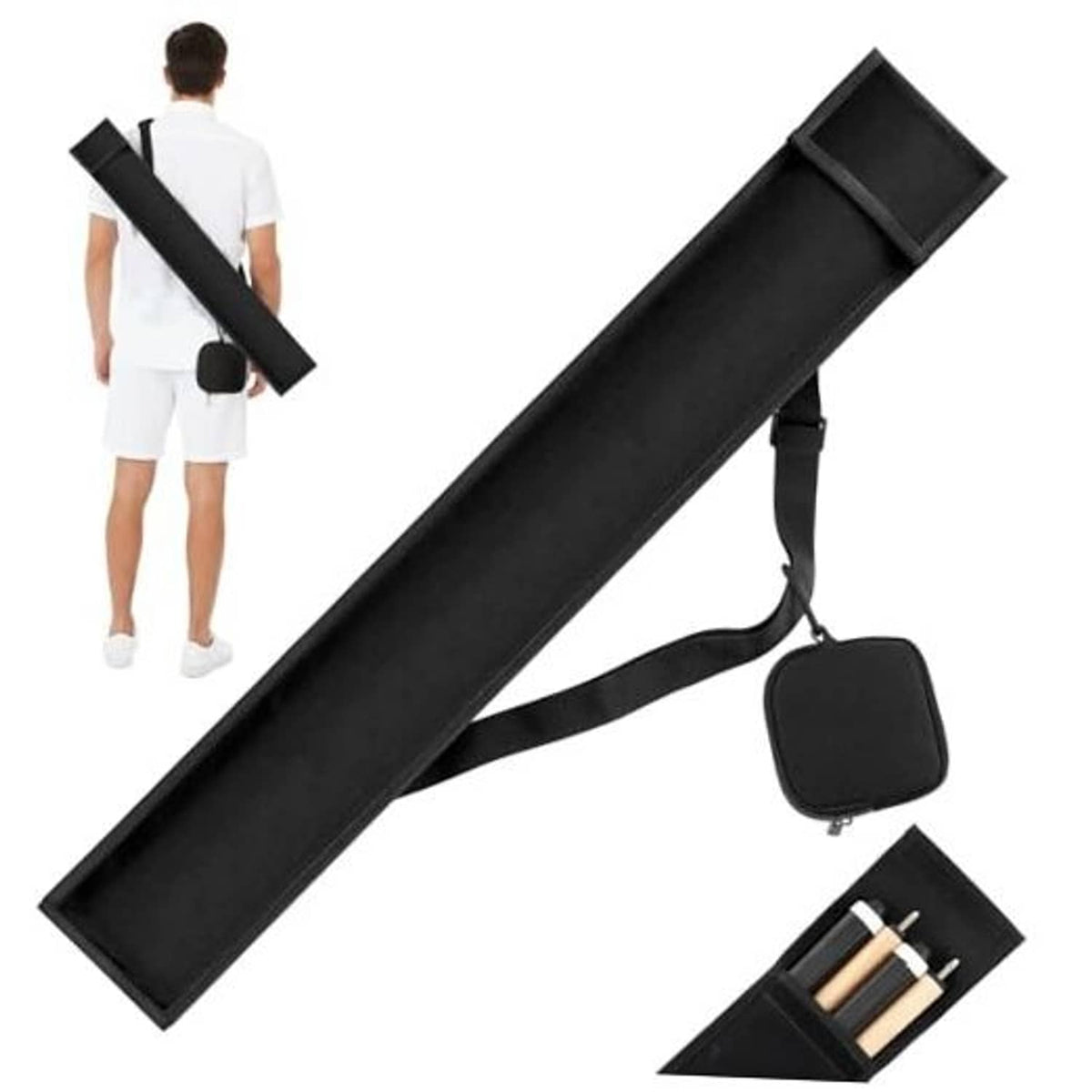 Black padded pool cue case with shoulder strap and small zip accessory pouch