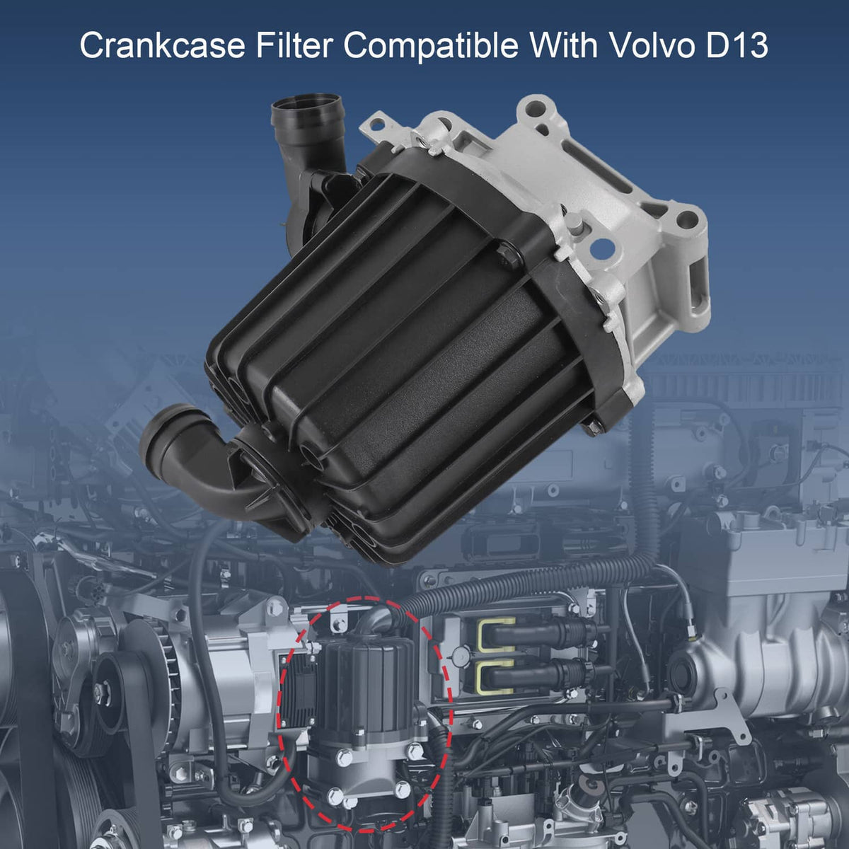 Crankcase ventilation separator assembly with black filter cover and silver mounting body.