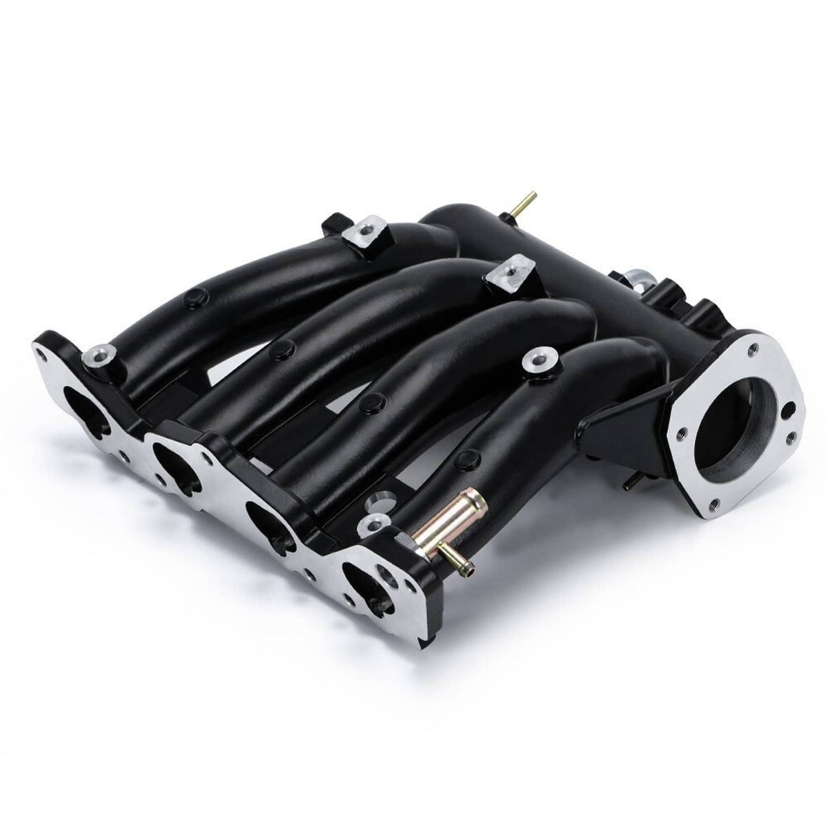 Black intake manifold with silver flange and gold throttle linkage detail