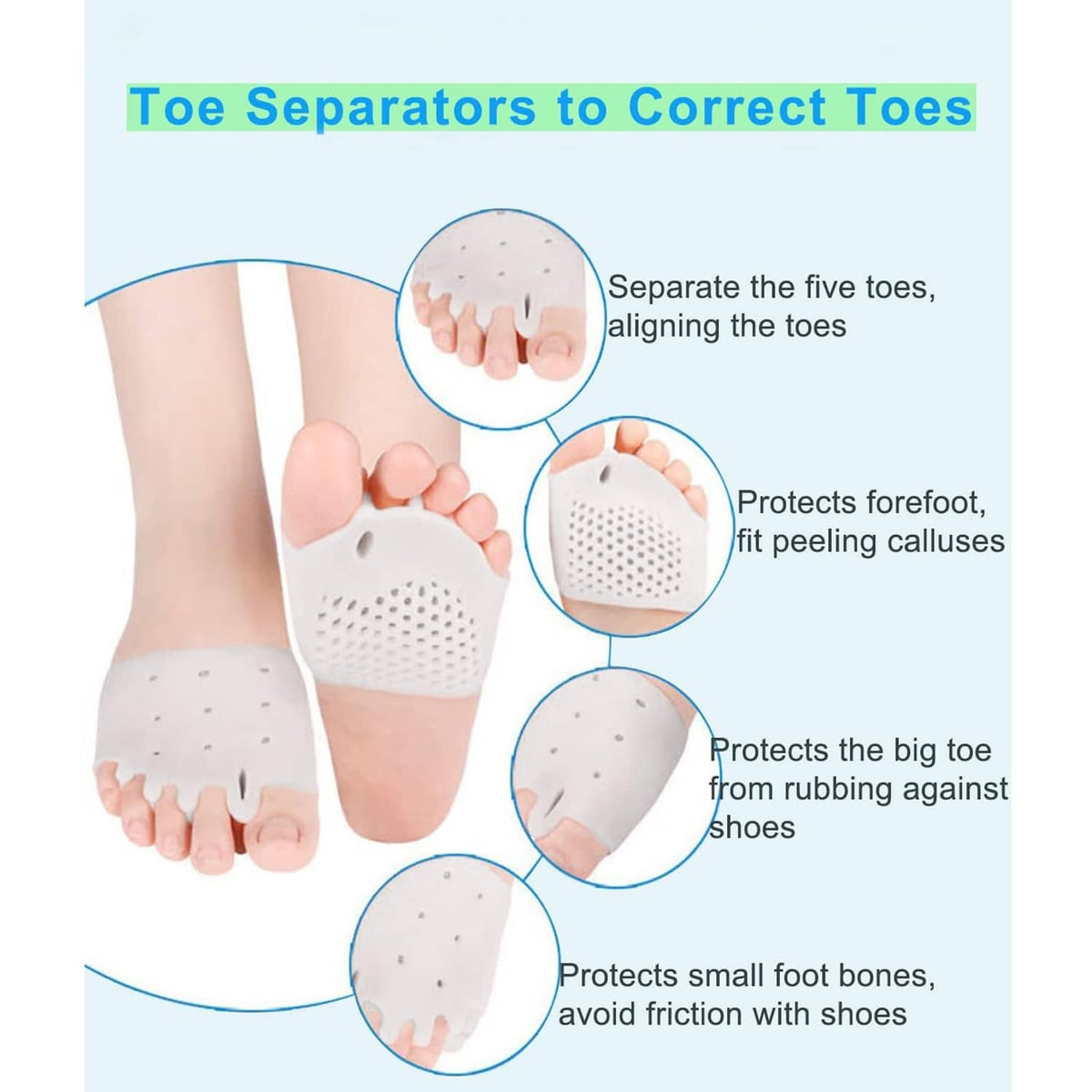 White silicone toe separator cushions, protective pads to separate and align toes