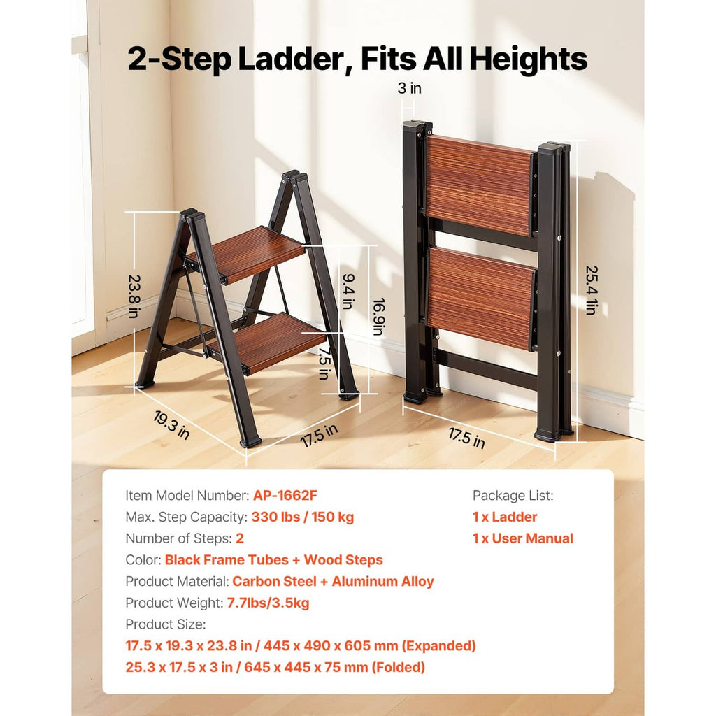 2-step ladder shown folded measurements, with dark frame and brown wood steps