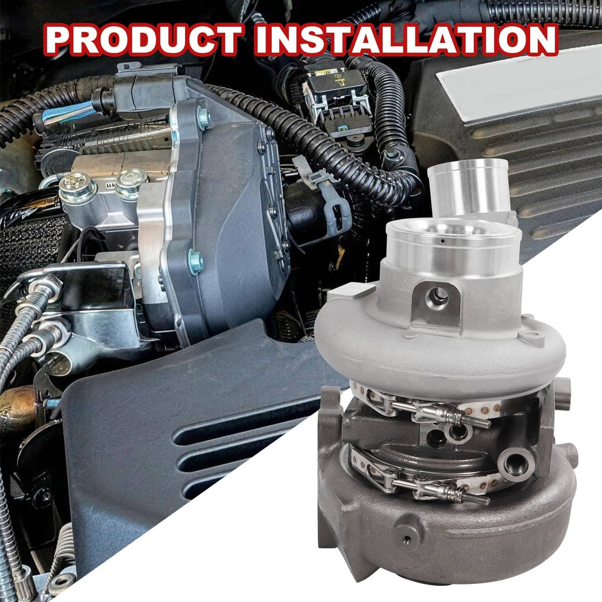 Turbocharger mounted in engine bay with cast housing and silver intake pipe