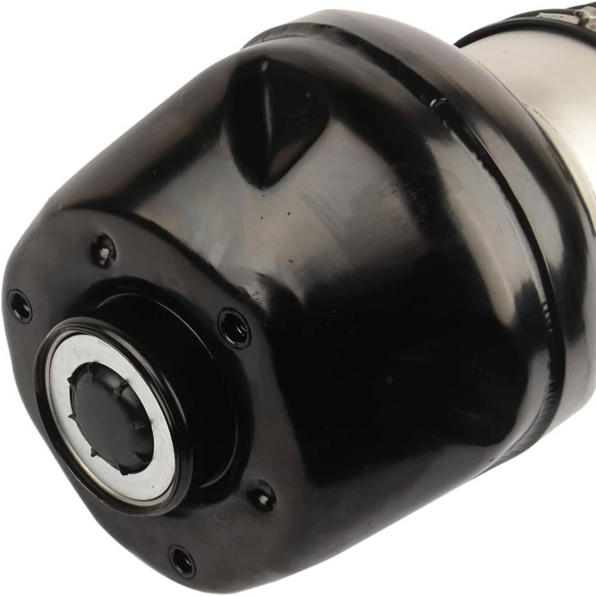 Air suspension shock strut top cap with circular bushing and black metal housing