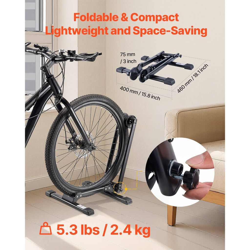 Foldable compact black bicycle stand with bike tire supports and spring base