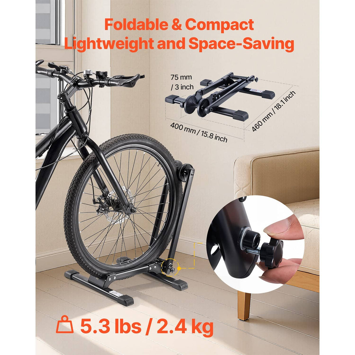 Foldable compact black bicycle stand with bike tire supports and spring base