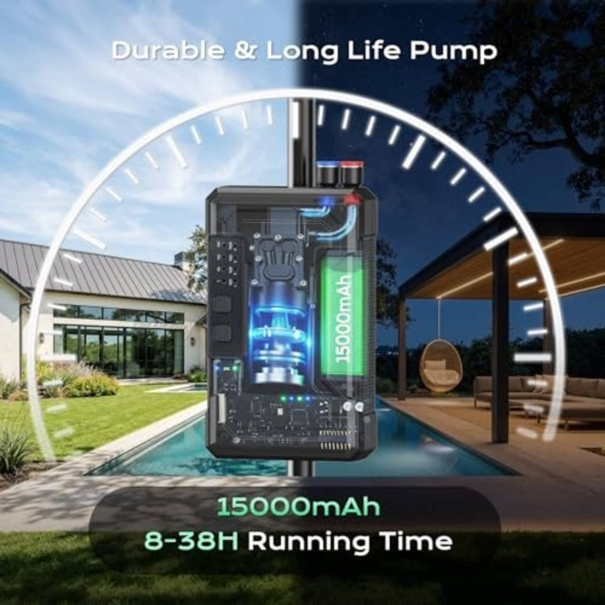 Rechargeable misting pump module with glowing indicator lights in gray housing