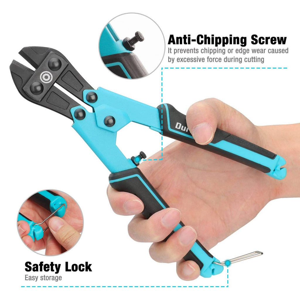 Mini bolt cutter with anti-chipping screw and black-and-turquoise cutting jaws