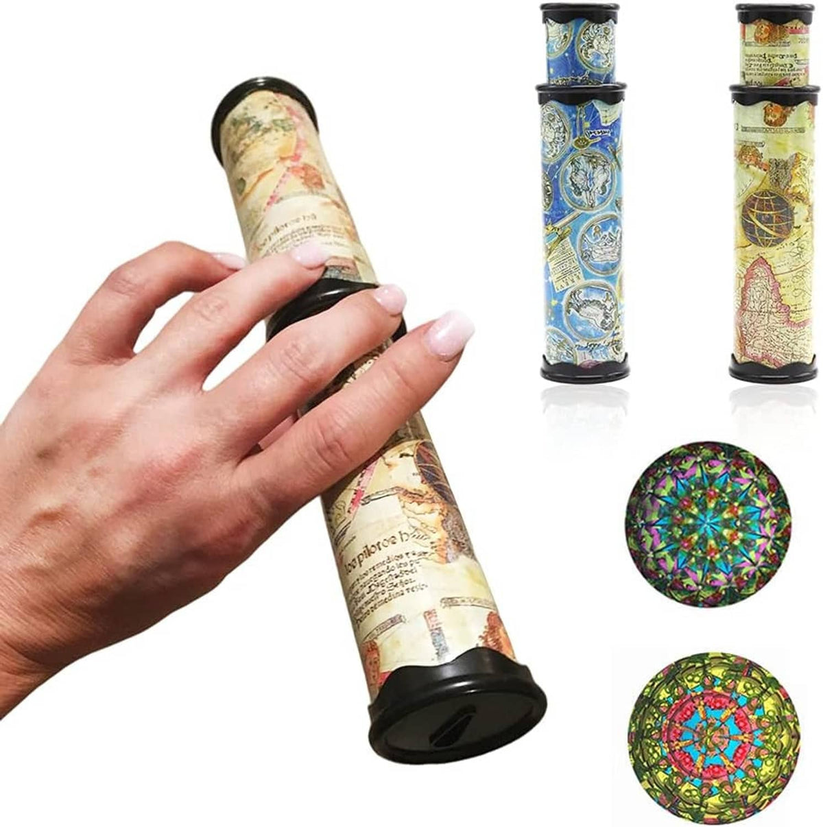 Hand holding a map-printed kaleidoscope tube with black ends; includes extra tubes and view