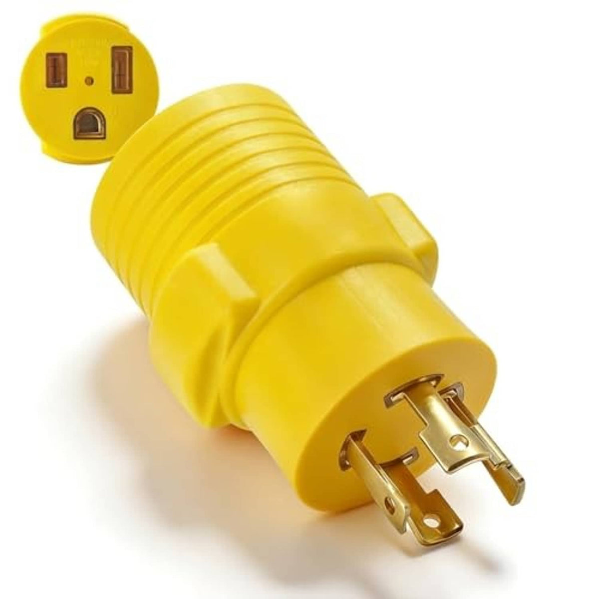 Yellow generator-to-welder power adapter plug with blade prongs and locking pins, close view