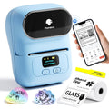 Blue label printer with smartphone showing a printed label and QR code