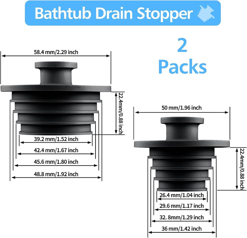 2-pack silicone bathtub drain stopper with size diagram and measurements