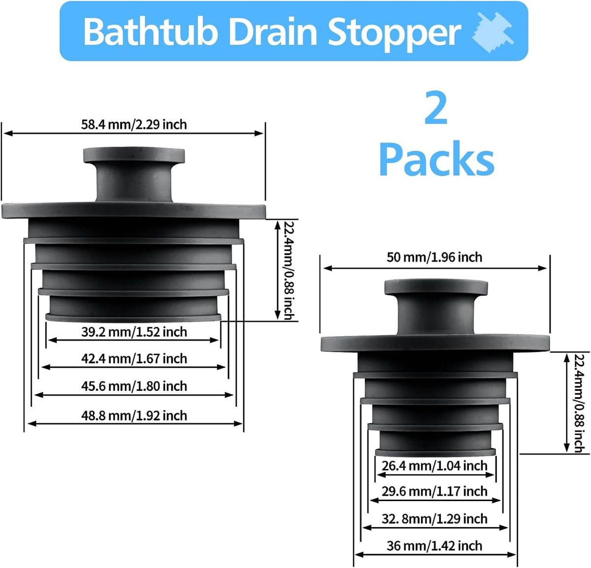 2-pack silicone bathtub drain stopper with size diagram and measurements