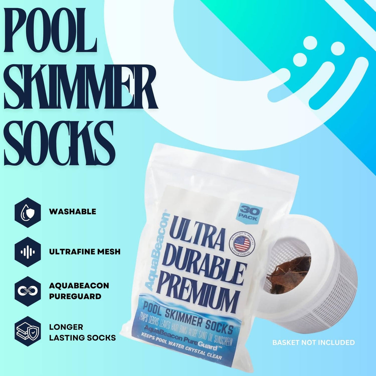 Aquabeacon Ultra Durable Premium pool skimmer socks 30-pack with mesh socks