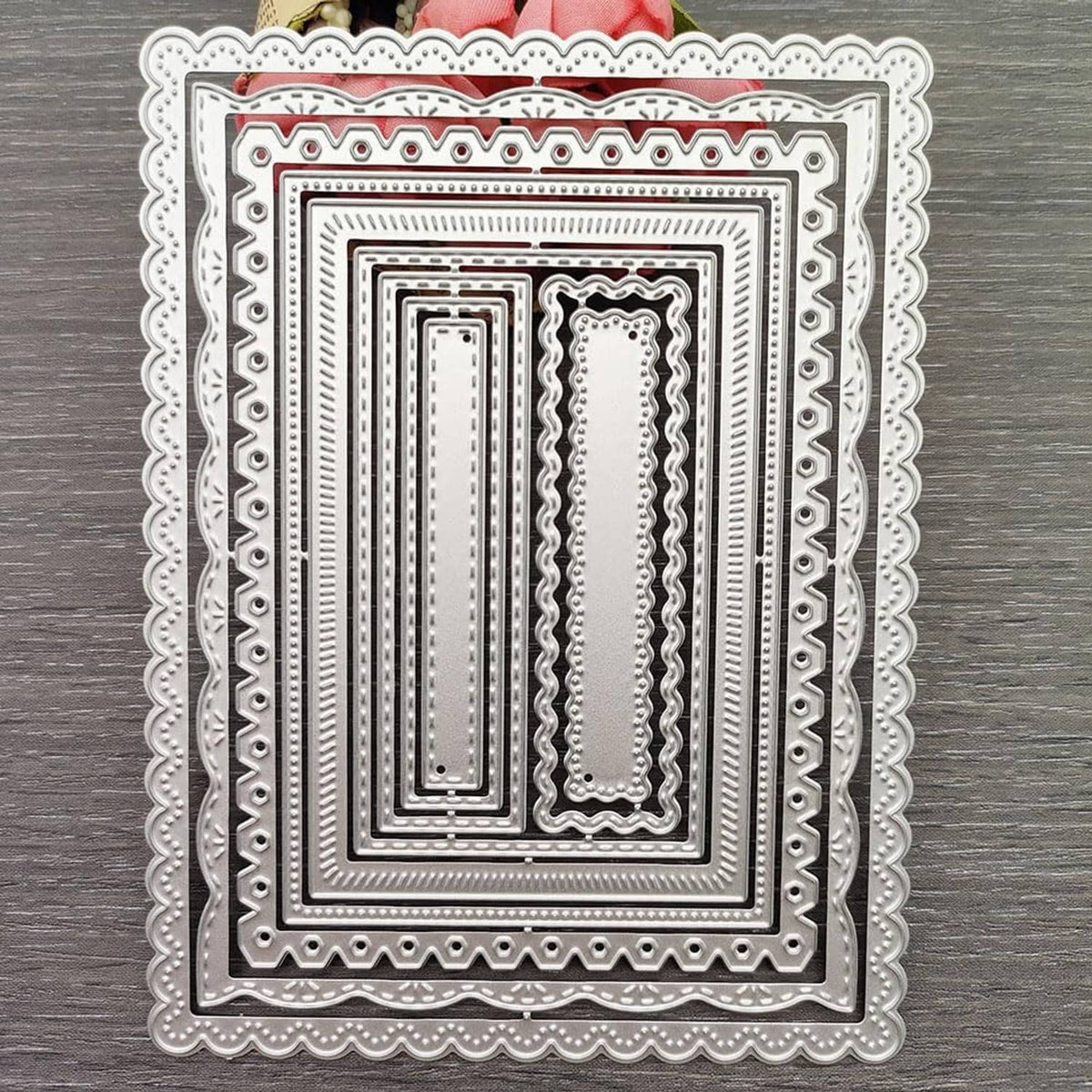 Nested rectangle frame cutting dies set with scalloped outer edge and layered borders