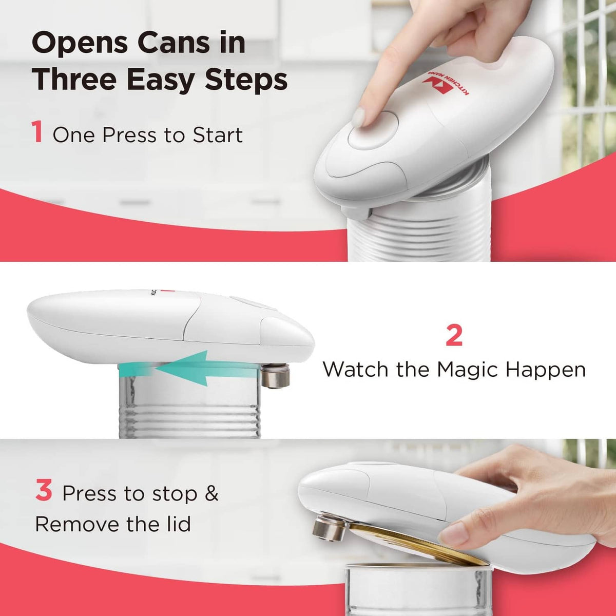 Kitchen Mama auto electric can opener, white head with hand pressing onto can