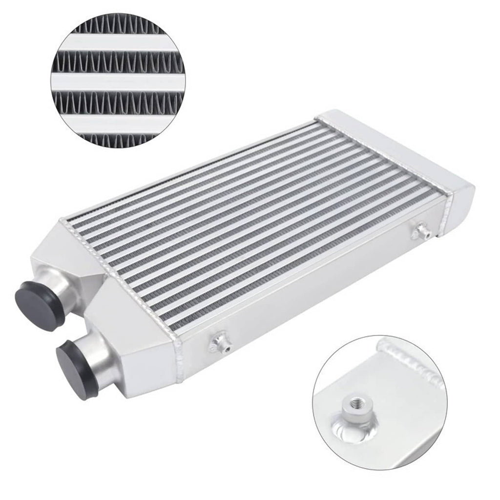 Aluminum front-mount intercooler with black core, side inlet/outlet ports and threaded port detail.
