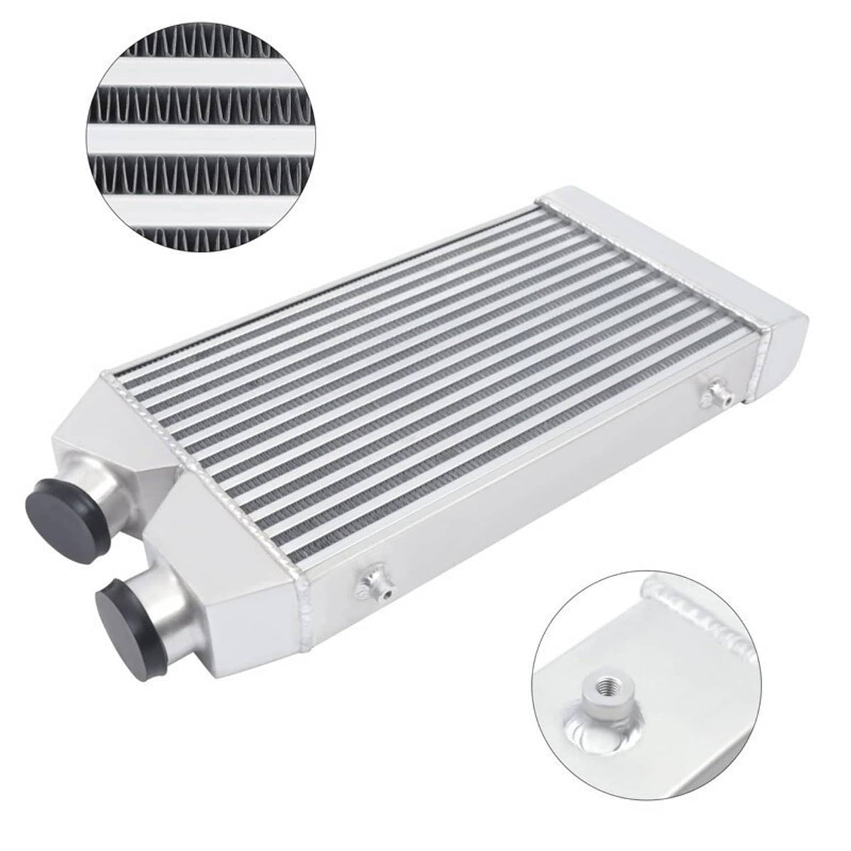 Aluminum front-mount intercooler with black core, side inlet/outlet ports and threaded port detail.