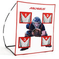 Red-and-white baseball pitching target net with four numbered catch targets and catcher figure