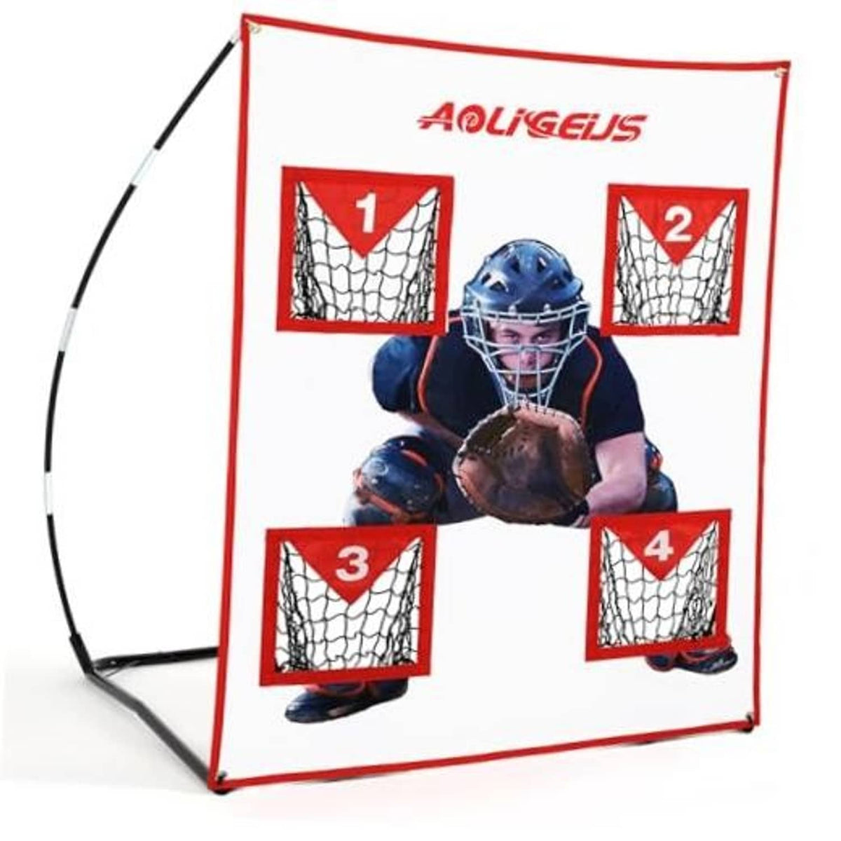 Red-and-white baseball pitching target net with four numbered catch targets and catcher figure