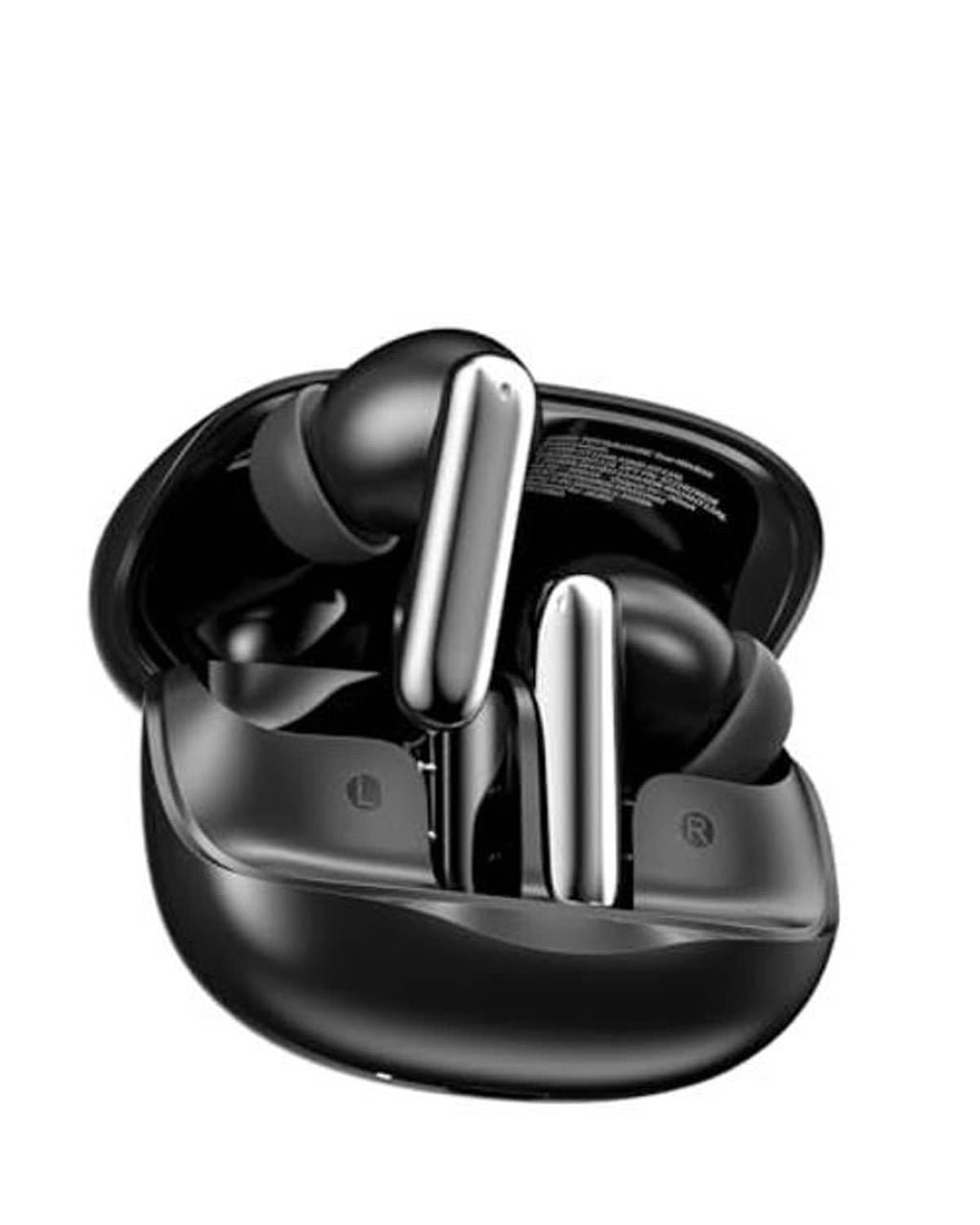 Black wireless earbuds in a glossy case, close-up top view.