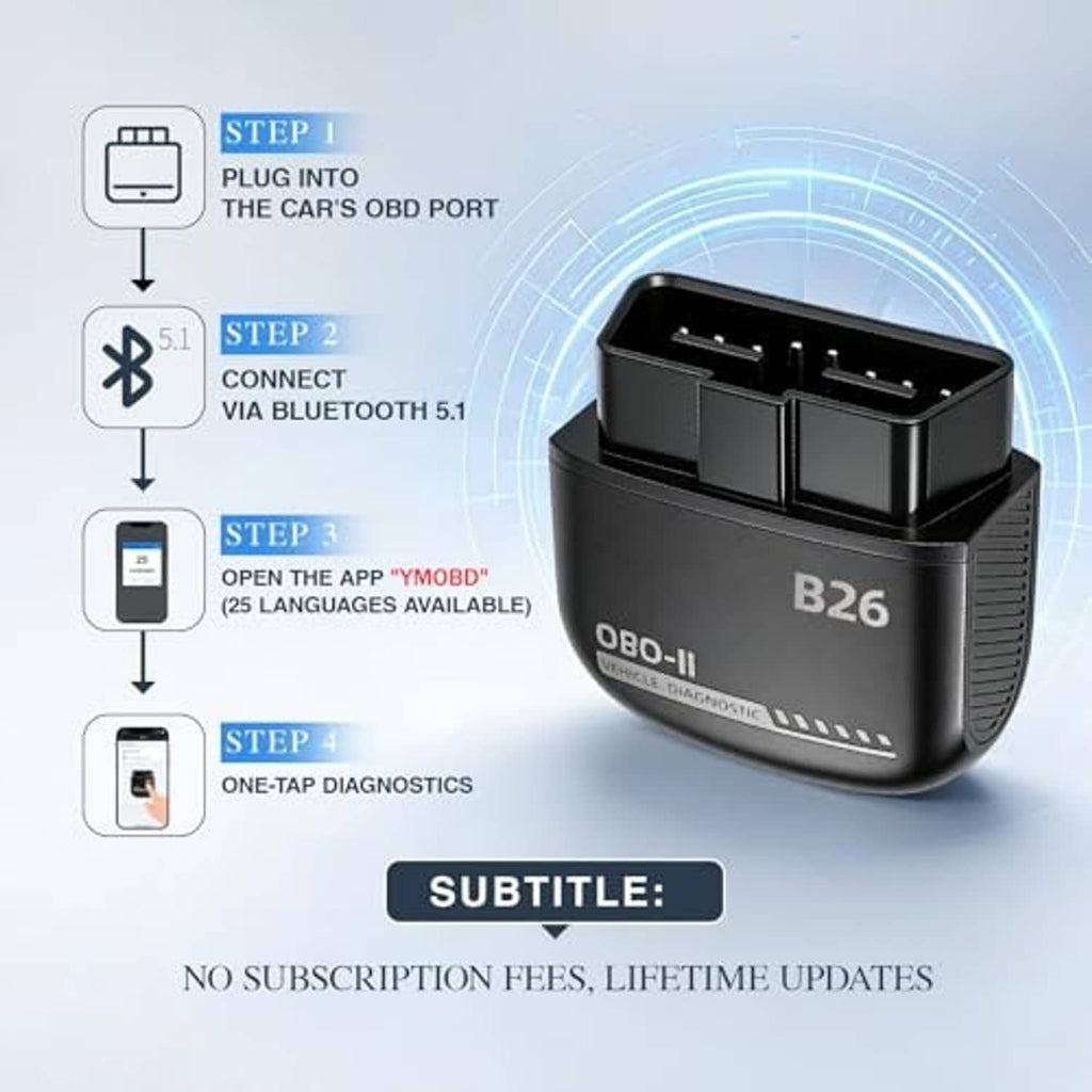 B26 OBD-II Bluetooth scanner with step-by-step setup diagram and phone pairing