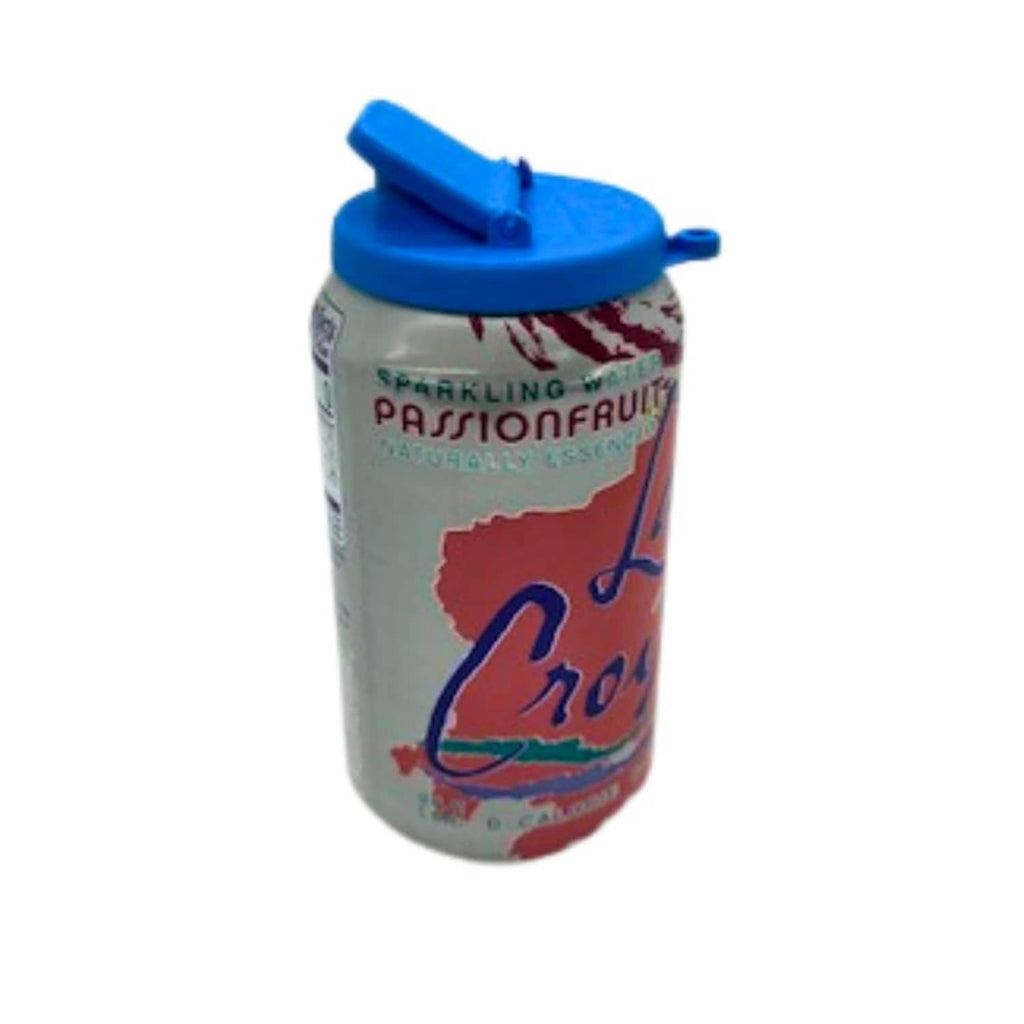 Blue round snap-on can cover with hinged lid on a standard beverage can